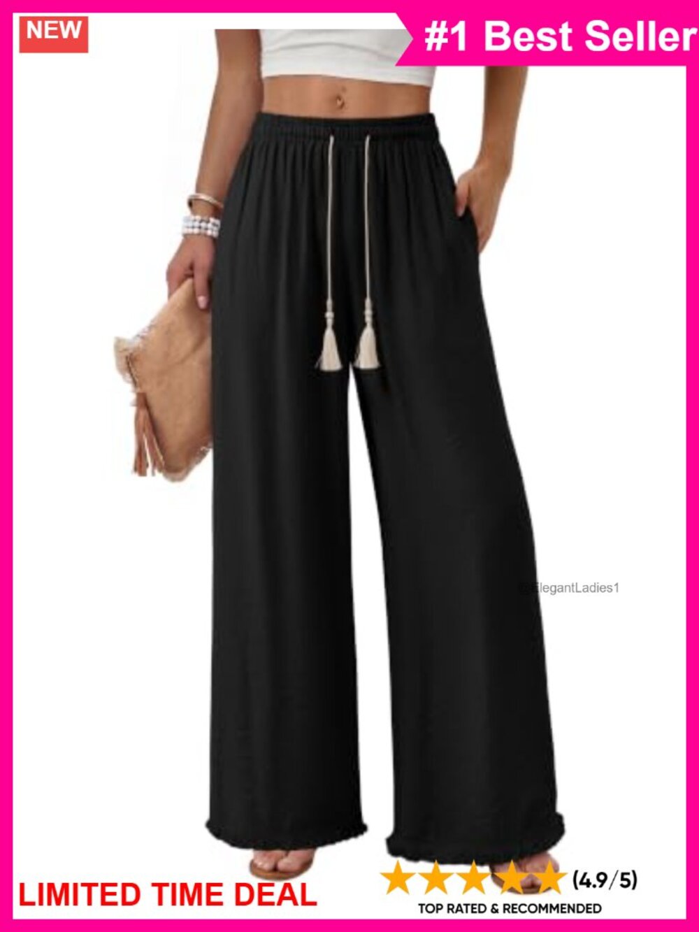Wide Leg Linen Palazzo Pants Drawstring Fringe Tassel Casual Beach